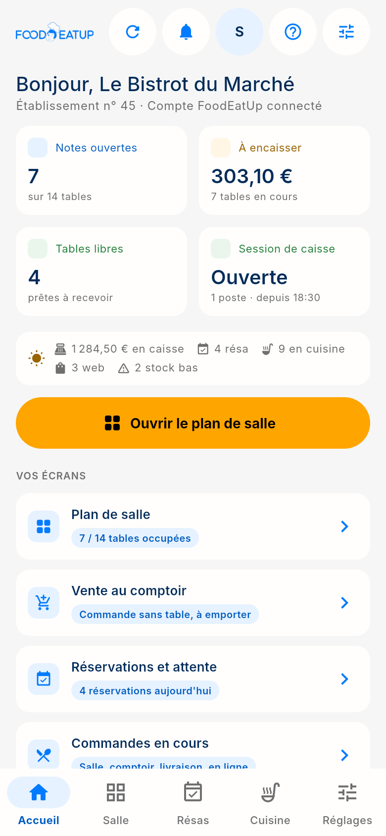 Écran Accueil de l'application FoodEatUp Caisse Mobile