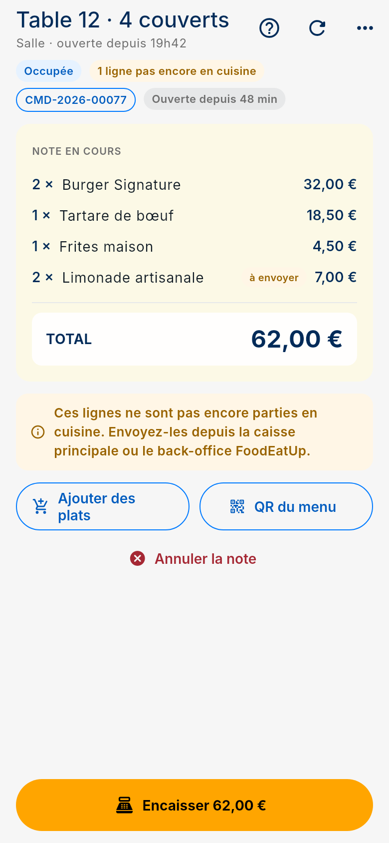 Écran Table de l'application FoodEatUp Caisse Mobile