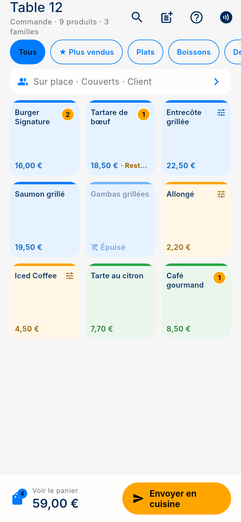 Écran Commande de l'application FoodEatUp Caisse Mobile