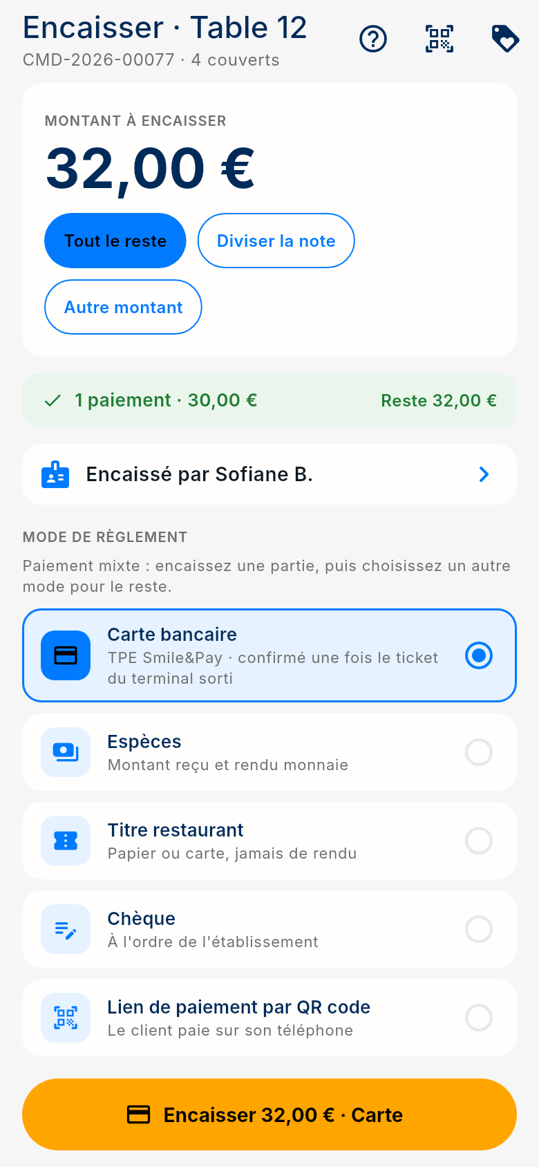 Écran Paiement de l'application FoodEatUp Caisse Mobile