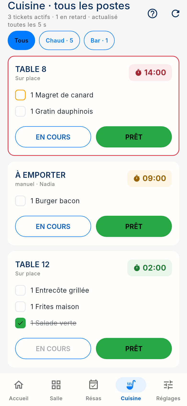 Écran Cuisine (KDS) de l'application FoodEatUp Caisse Mobile