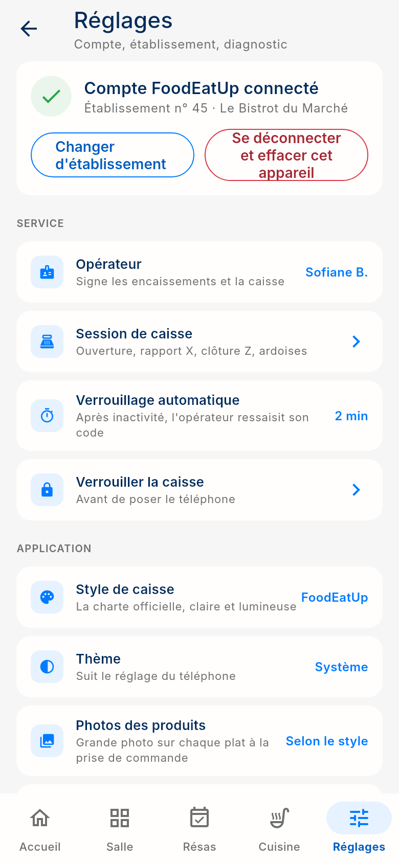 Écran Réglages de l'application FoodEatUp Caisse Mobile