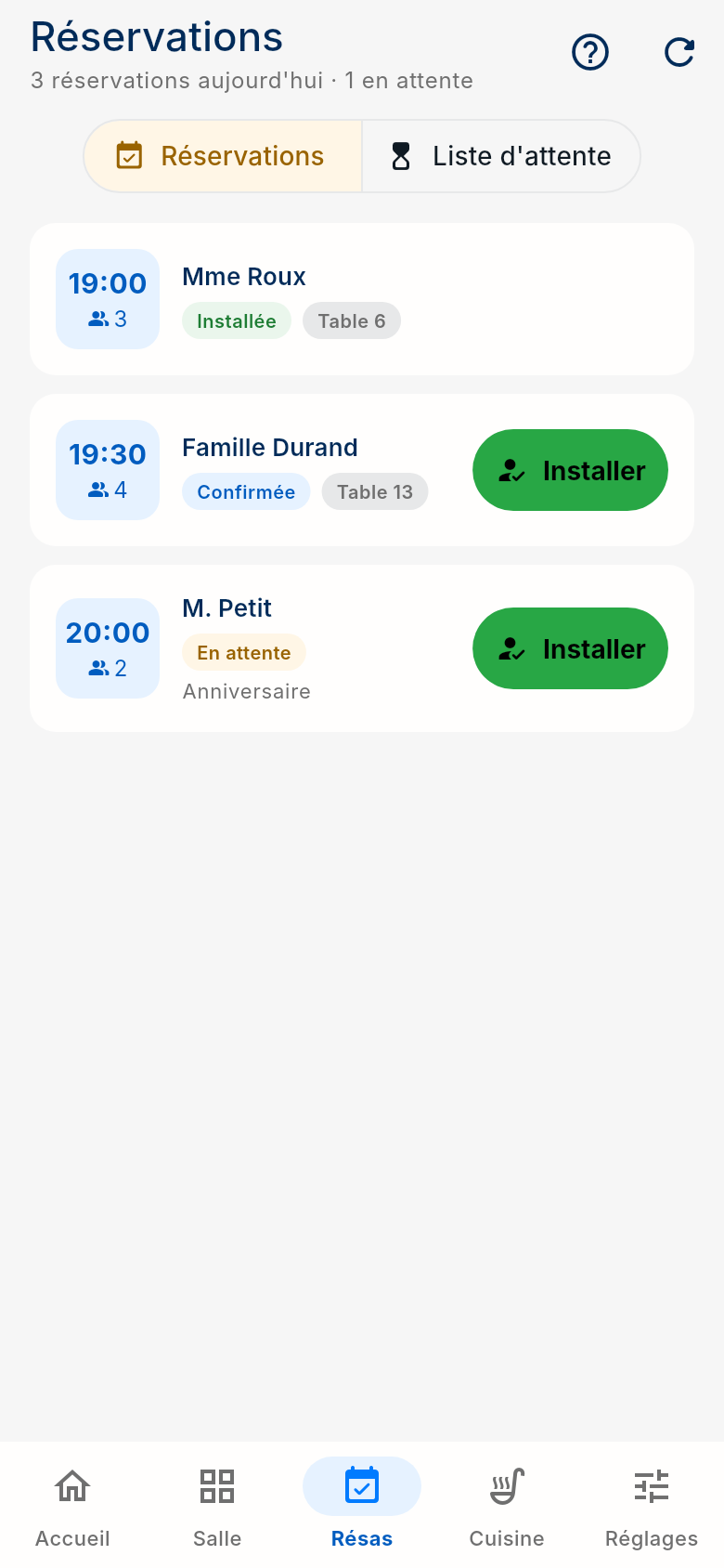 Écran Réservations de l'application FoodEatUp Caisse Mobile