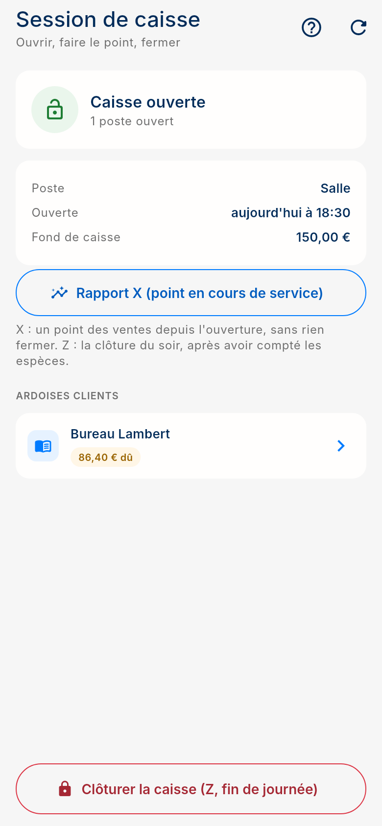 Écran Session de caisse de l'application FoodEatUp Caisse Mobile