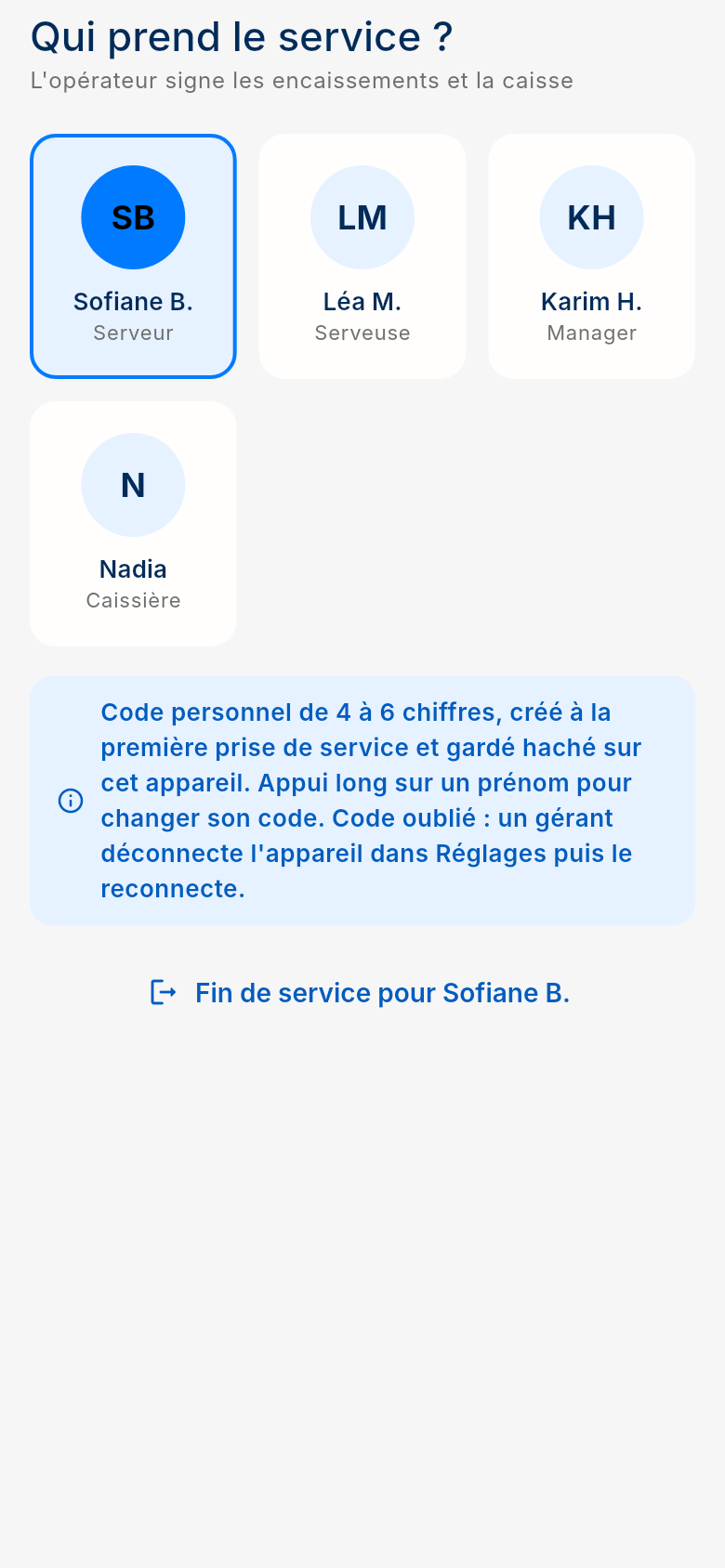 Écran Opérateur de l'application FoodEatUp Caisse Mobile