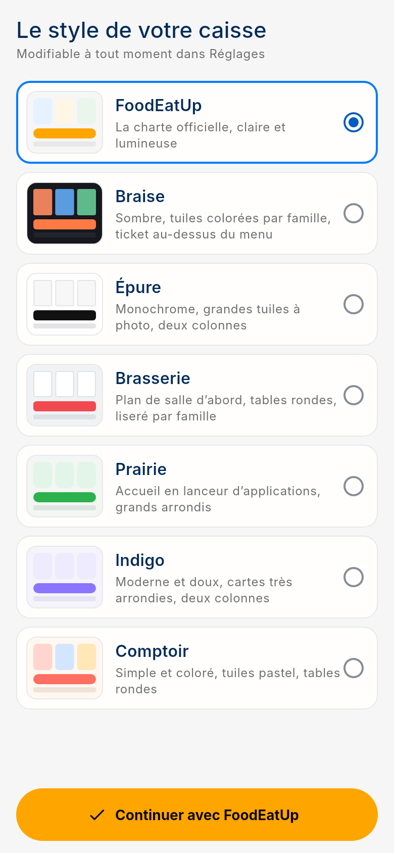 Écran Style de caisse de l'application FoodEatUp Caisse Mobile
